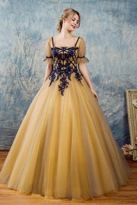 A-line Princess Square Neck Half Sleeve Prom Dresses, Floor Length Appliques Prom Dresses Asd26774