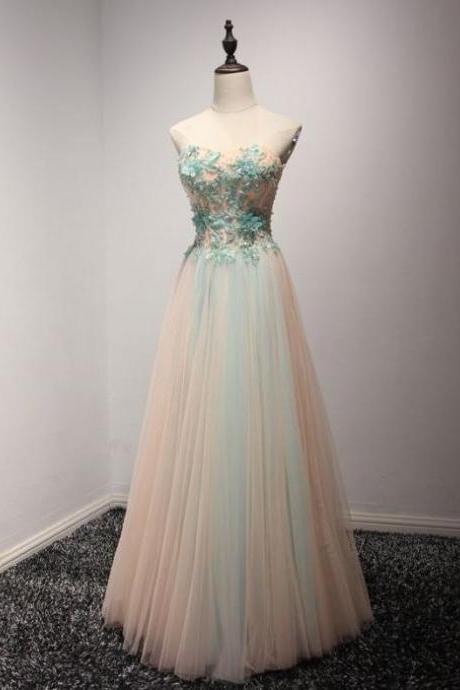 A-line Princess Sweetheart Neck Tulle Prom Dresses With Blue Appliques, Floor Length Prom Dresses Asd26777