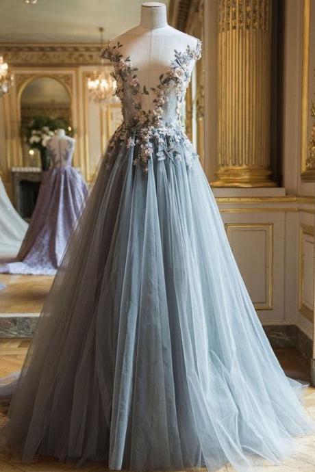 2017 A-line Princess Illusion Neck Sleeveless Appliques Prom Dresses Asd26837