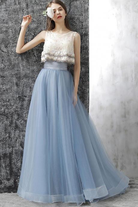 2017 A-line Princess Two Piece Blue Prom Dresses , Floor Length Dresses Asd26846