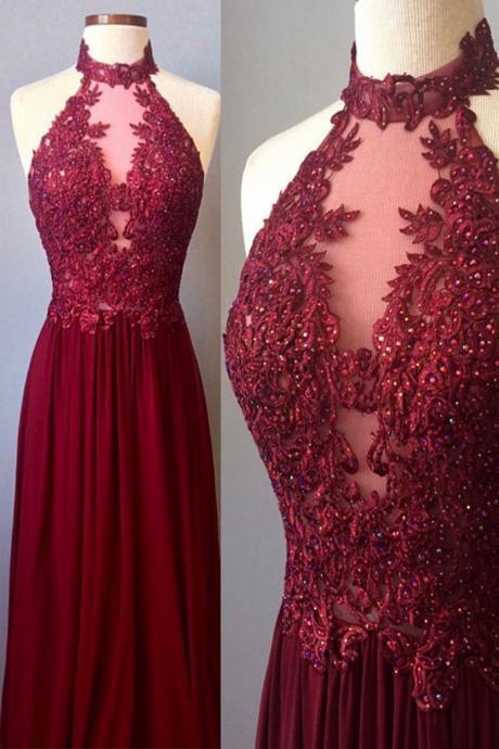 2017 A-line Halter Neck Sleeveless Appliques Long Prom Dresses, Burgundy Dresses Asd26870