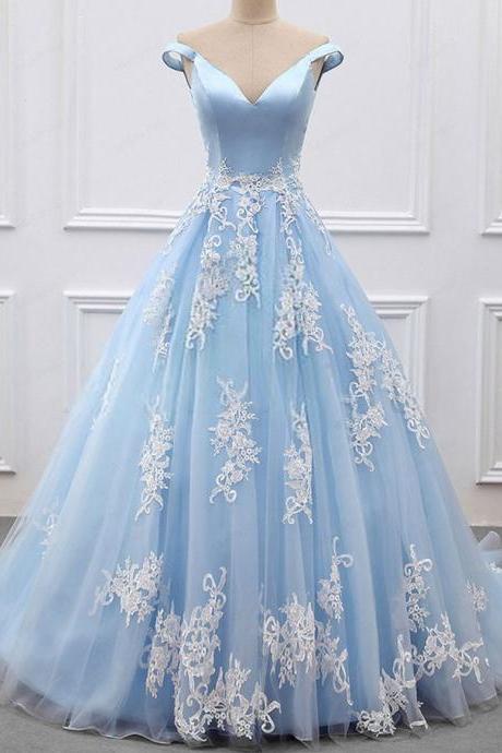 2017 A-line Princess V Neck Sleeveless Appliques Long Prom Dresses, Asd26885
