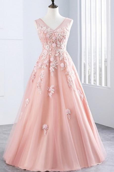 2017 A-line Princess V Neck Appliques Sleeveless Floor Length Prom Dresses Asd26941
