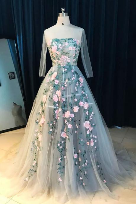 2018 A-line Princess Straight Neck Long Sleeve Chapel Train Prom Dresses,asd26978