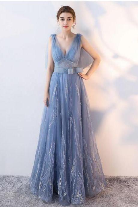 2018 A-line Princess Deep V Neck Sleeveless Floor Length Prom Dresses,asd26983