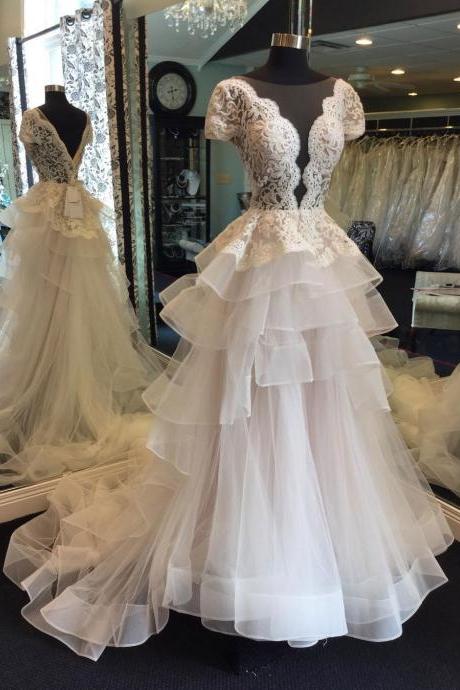 2018 A-line Princess Deep V/Illusion Neck Sleeveless Chapel Train Bridal Dress ASD27029
