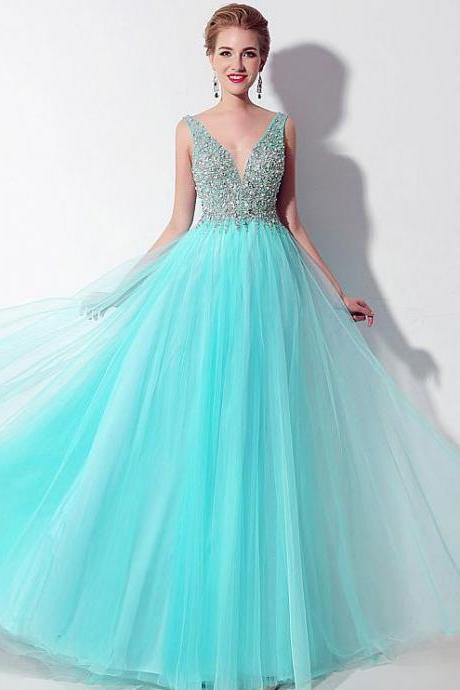 2018 A-line Princess V Neck Sleeveless Shiny Beaded Prom Dresses APD3100a