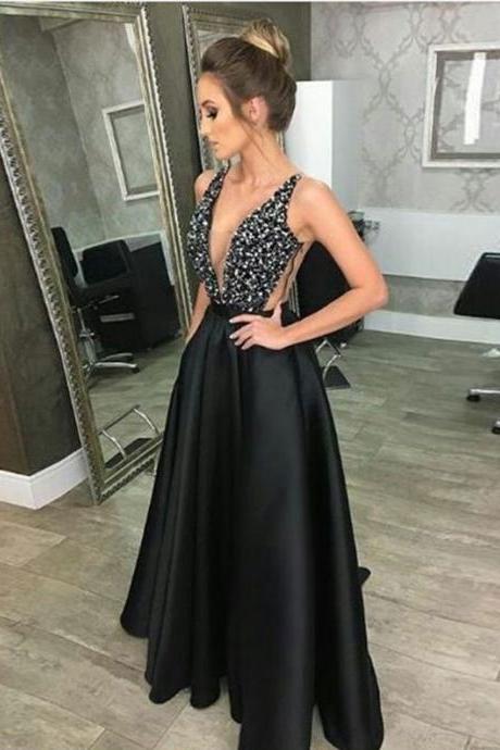 2018 Deep V Neck Sleeveless Shiny Rhinestone Floor Length Prom Dresses APD3092a