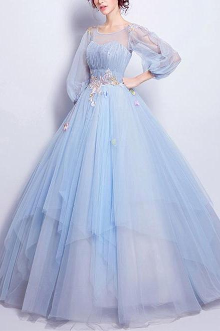 A-line Princess Scoop Neck Long Sleeve Floor Length Prom Dresses Asd27054