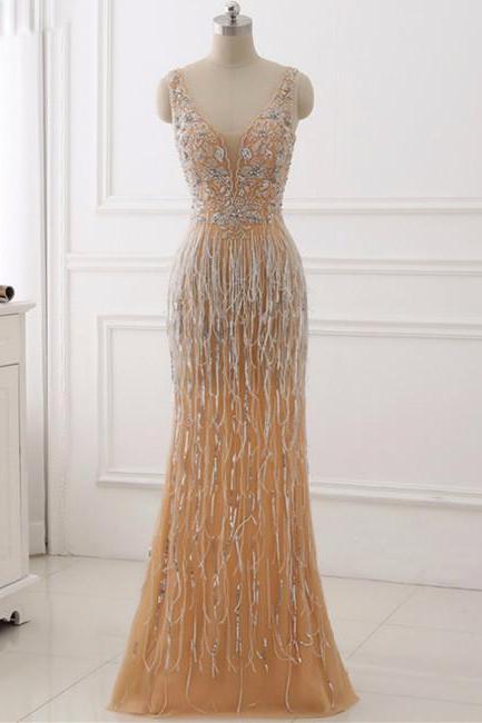 Chic Deep V-neck Sleeveless Floor Length Prom Dresses,Shiny Party Dresses. ASD27093
