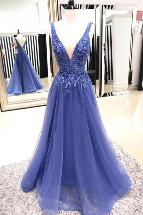 A-line Princess Deep V Neck Sleeveless Floor Length Prom Dresses Asd27126