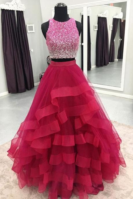 Two Piece Long Prom Dresses,2 Piece Beaded Top Fuchsia Formal Dresses 3286