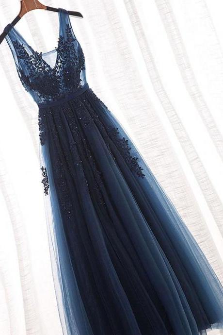 Lace Appliqued Navy Blue Long Prom Dresses,See through Sexy Formal Prom Gowns 3344