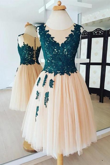 Excellent Tulle Scoop Neckline A-line Homecoming Dresses With Appliques HD129