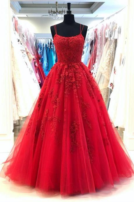 Spaghetti Straps A-line Prom Dresses Tulle Appliqued Evening Gowns PD436