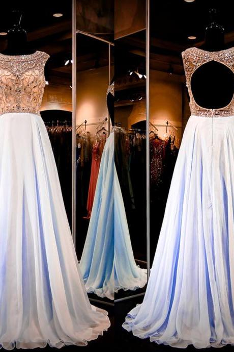 Illusion neck a-line chiffon skirt 2016 prom dresses light sky blue formal dresses APD1638