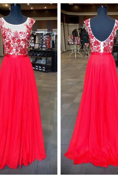 A-line embroidery bodice red chiffon prom dresses 2016 prom formal dresses