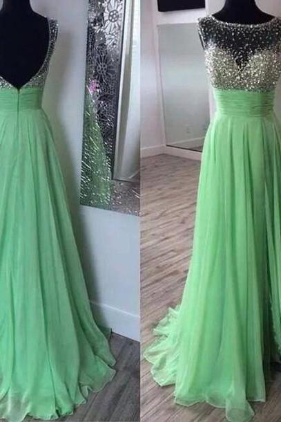 Silver beaded bustband chiffon long prom dresses A-line formal dresses