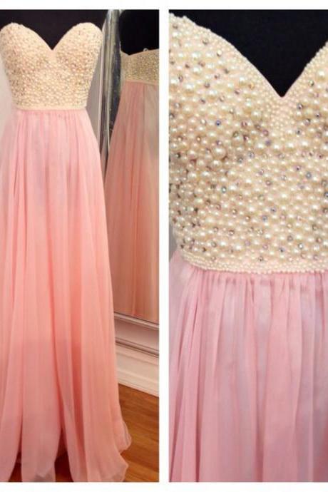 Pink Sweetheart Neckline Floor Length Chiffon Long Skirt Prom Dress, Bridesmaid Dress