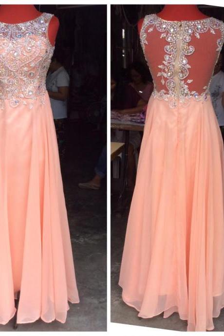 Blush Pink Chiffon Prom Dresses Beaded Bodice Long Formal Dresses
