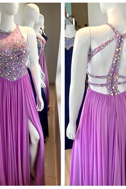 Halter Prom Dresses with Beaded Bodice Chiffon Skirt Sexy Formal Dresses