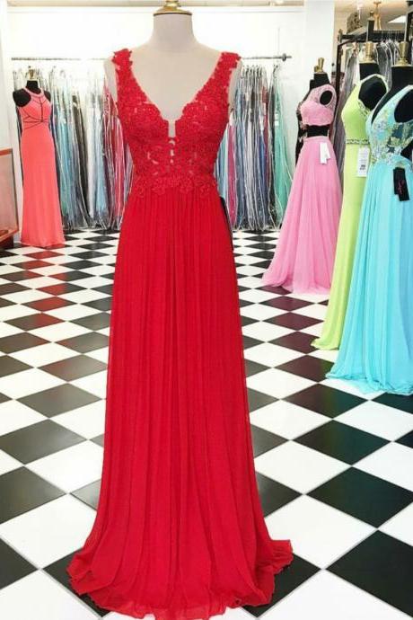 V-neck Red Chiffon Prom Dresses,lace Appliqued Bodice 2016 Prom Dresses