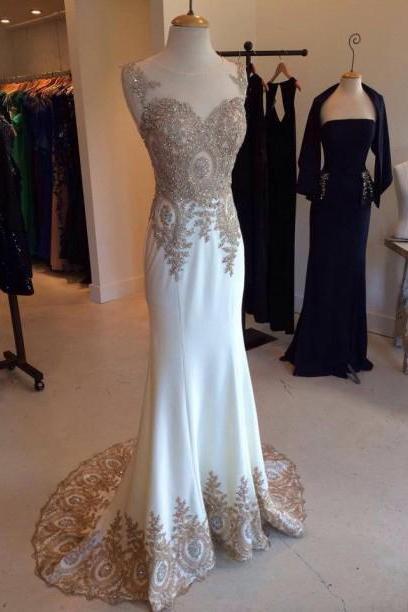 Gold Lace Appliqued Mermaid Prom Dresses with Sweep Train,Ivory Evening Dresses