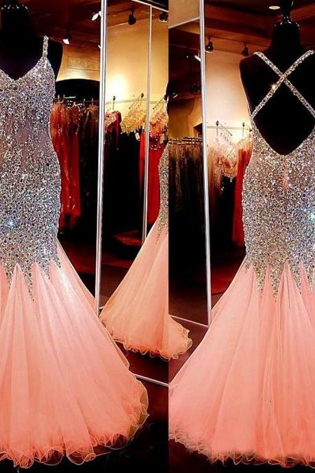 Spaghetti Strap Pink Tulle Sparkly Mermaid Prom Dress,Long Backless Prom Gown