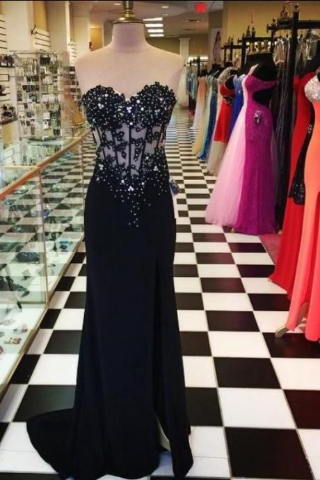 Sweetheart Neck Black Jersey With Lace Appliqued Prom Dress With Slit On Skirt 1456