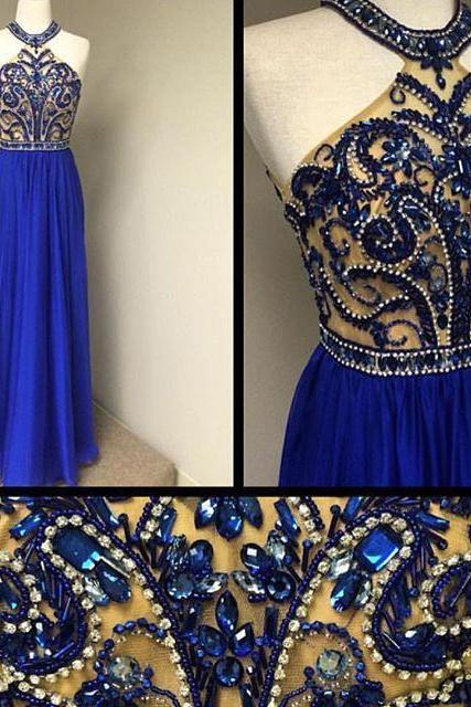 Royal Blue Chiffon Skirt Beaded Bodice Halter Prom Dresses,long 2016 Formal Dresses 1713