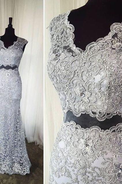2 Piece Prom Dress,gray Lace Prom Dress,long Formal Dress With Sweep Train 1716