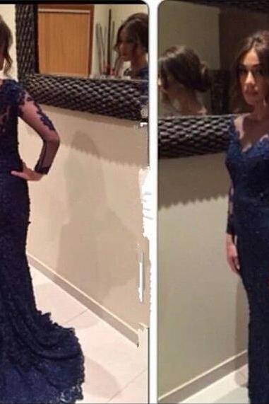 Navy Blue Lace Prom Dress With Sweep Train,long Sleeve Mermaid Prom Dress,v Neck Prom Gown 1718