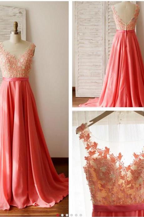 Lace Appliqued Bodice 2016 Prom Dress,Watermelon Chiffon Long Bridesmaid Dresses 1723