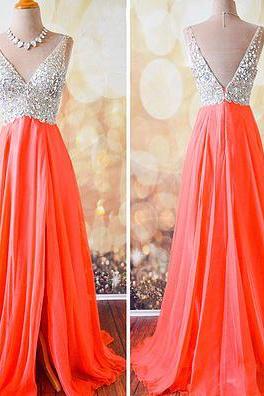 Plunging Neckline Chiffon Floor-length Dress featuring Beaded Embellished Bodice and V-Back