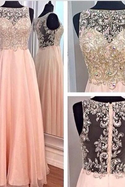 A-line Blush Pink Chiffon Prom Dresses,beaded Bodice Long Prom Dresses,high Neck Formal Gowns 1282