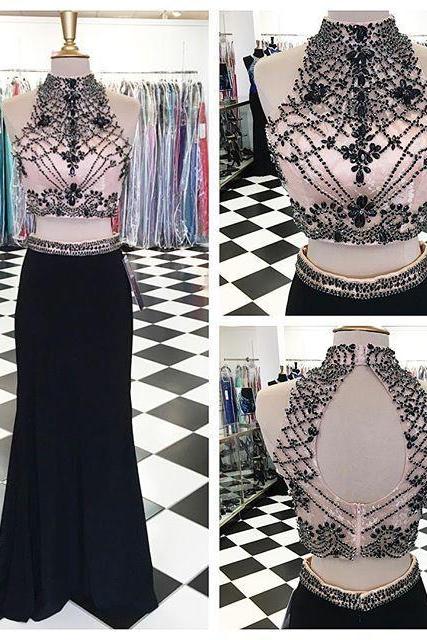 High Neck 2 Pieces Prom Dress Black Skirt Beaded Bodice Long 2016 Formal Gowns 1734