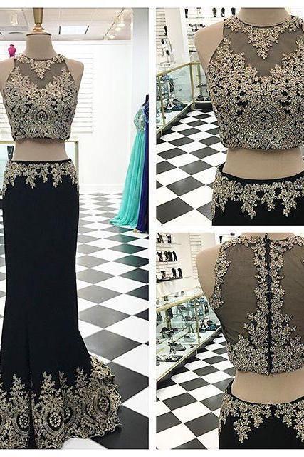 Gold Lace Appliqued Mermaid Prom Dress Black Jersey Sweep Train Two Pieces Evening Dress 1736
