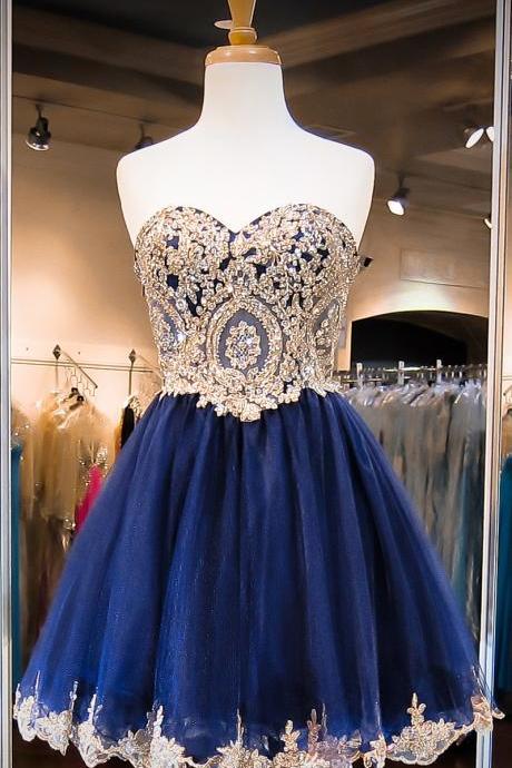 Sweetheart Neck Navy Tulle With Gold Lace Appliqued Homecoming Dresses Short Prom Dresses 1598