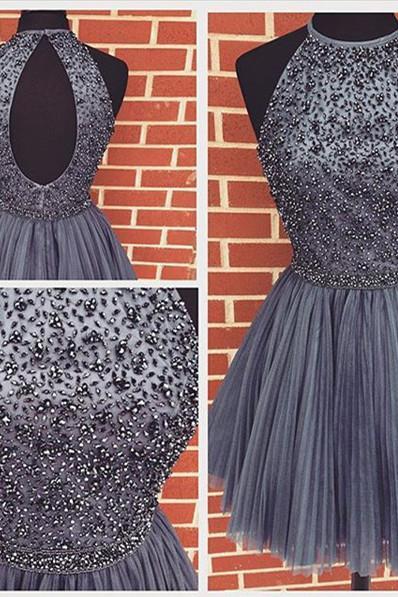 Halter High Neck Beaded Bodice Gray Tulle Homecoming Dresses Open Back Short Prom Gowns 1759