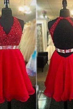 A-line V-neck Red Chiffon Backless Homecoming Dresses with Lace Appliqued Bodice Short Prom Dresses 1763