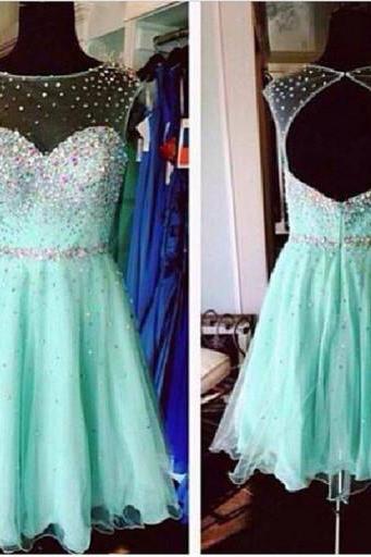 Princess Mint Tulle Homecoming Dresses With Illusion Neck,backless Cocktail Dresses,sweet 16 Dresses For 2016 Girls 1250