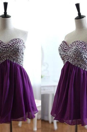 Sweetheart Neck Purple Chiffon With Beaded Empire Short Prom Dresses,2016 Homecoming Dresses,purple Sweet 16 Dresses 1544