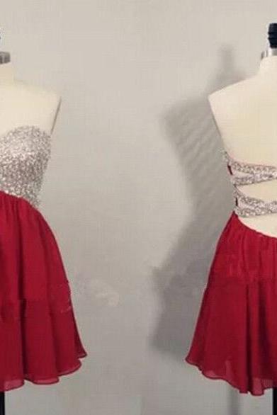 Strapless Sequins Bodice Chiffon Burgundy Homecoming Dresses.simple Short Prom Dresses,sweet 16 Dresses For 2016 Girls 1559