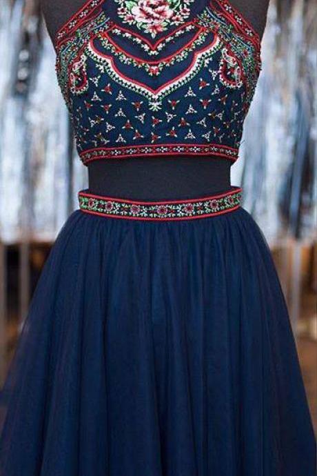 Boho Homecoming Dresses,2 Piece Embroidery Bodice Hoco Dresses,Short Boho Prom Dresses,Navy Two-piece Sweet 16 Dresses.1827