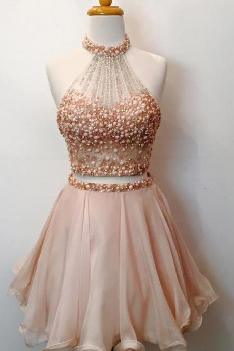 Two Piece Homecoming Dresses,beaded Bodice Halter 2 Piece Short Prom Dresses,sparkly Cocktail Dresses,1832