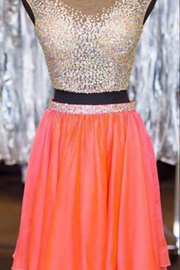 See-through Rhinestone Beaded Bodice Short Prom Dresses,two-pieces Homecoming Dresses,shinny Short Formal Dresses,1834