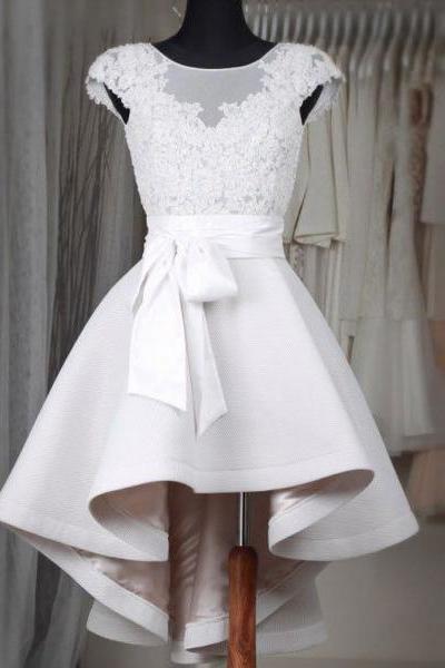 Princess Little White Dresses,High Low Homecoming Dresses,Lace Appliqued Short Wedding Dresses,1848
