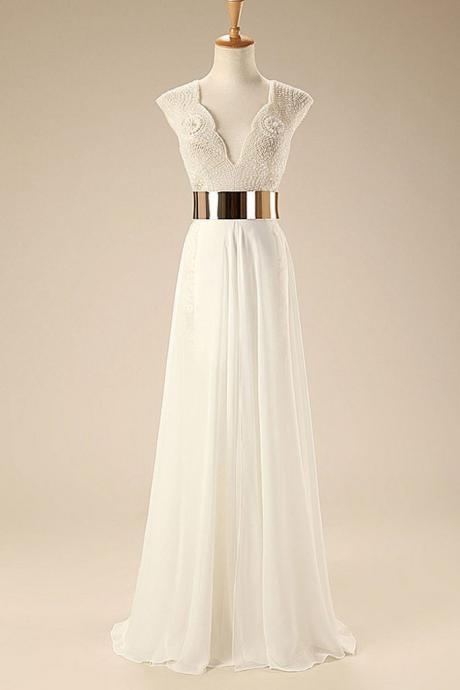 A-line White Long Prom Dresses,beaded Bodice Gold Sash Beach Wedding Dresses,shinny Formal Party Dresses