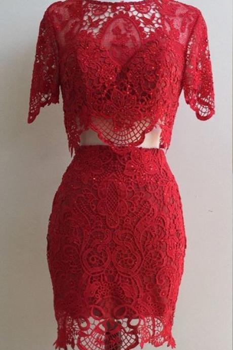 Two Piece Homecoming Dresses,burgundy Lace Hoco Dresses,simple Short Prom Dresses With Sleeves,1872