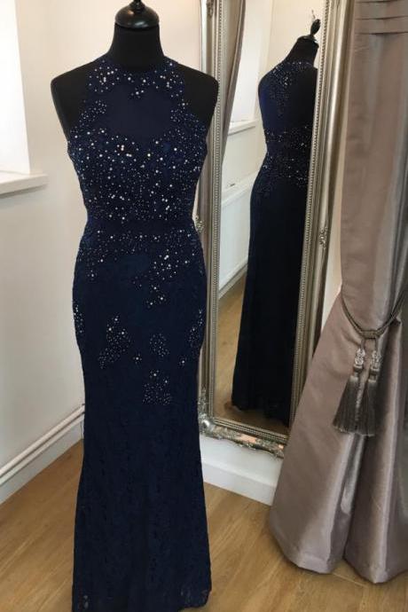 Navy Blue Lace Prom Dresses,mermaid 2017 Prom Dresses,long Lace Evening Gowns,2 Piece Party Dresses